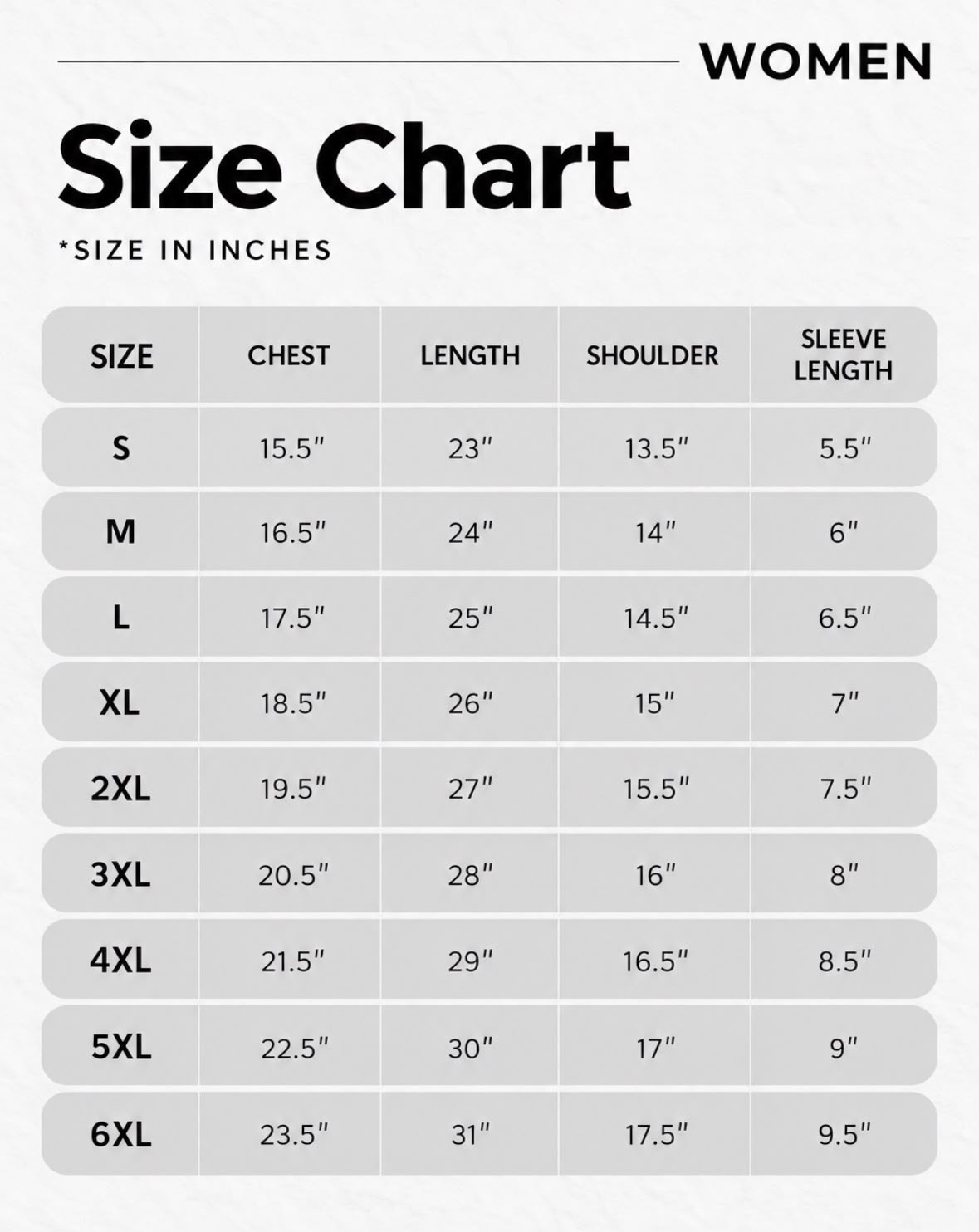 Zenith & Thrive Women's T-Shirt Size Chart